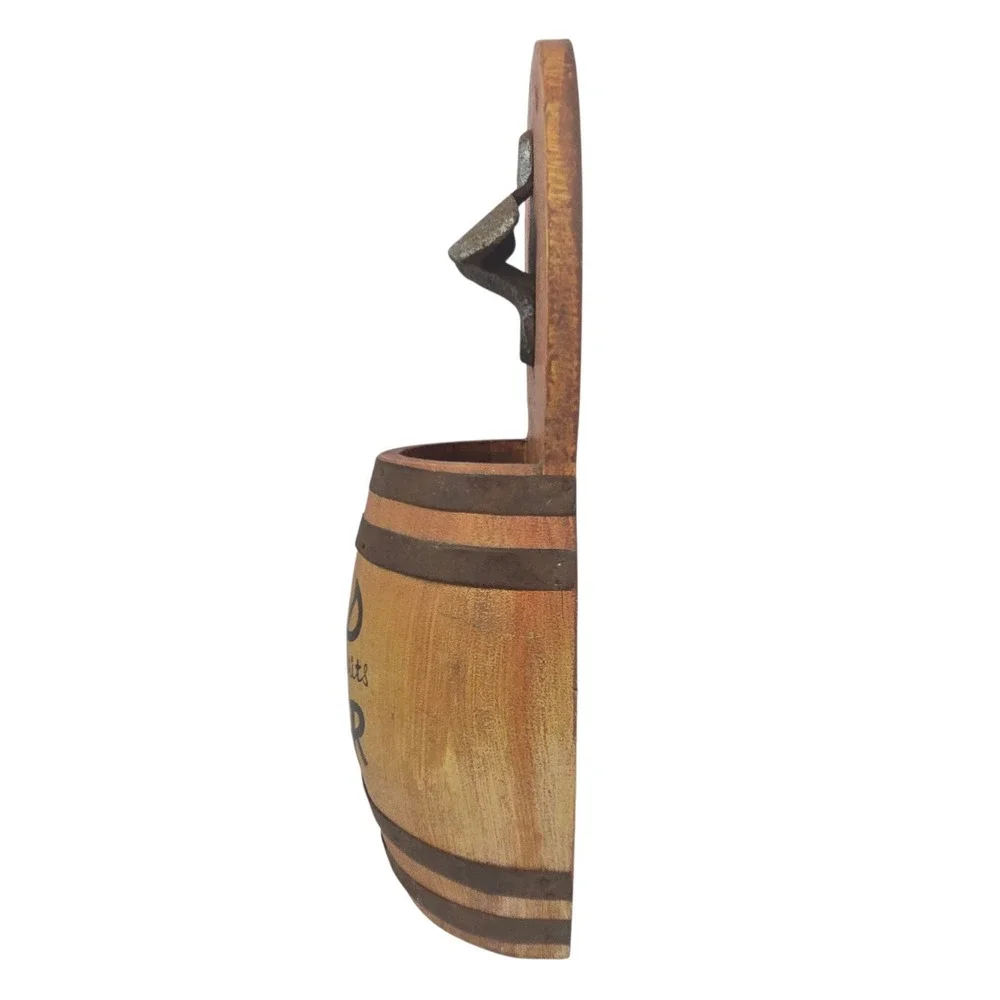 Vtg Wood Barrel Bottle Opener Wall Mount Cap Catcher Beer Spirits Bar Decor 11